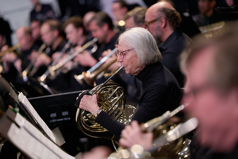 An image of several MSW musicians playing their trumpets and French horns during a concert. One woman with silvery hair is featured playing her French horn in the center right.