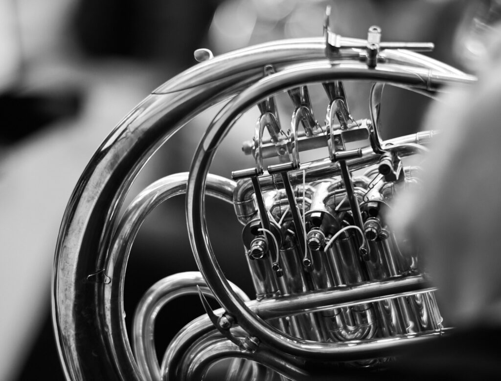 A black and white close up of a French Horn.